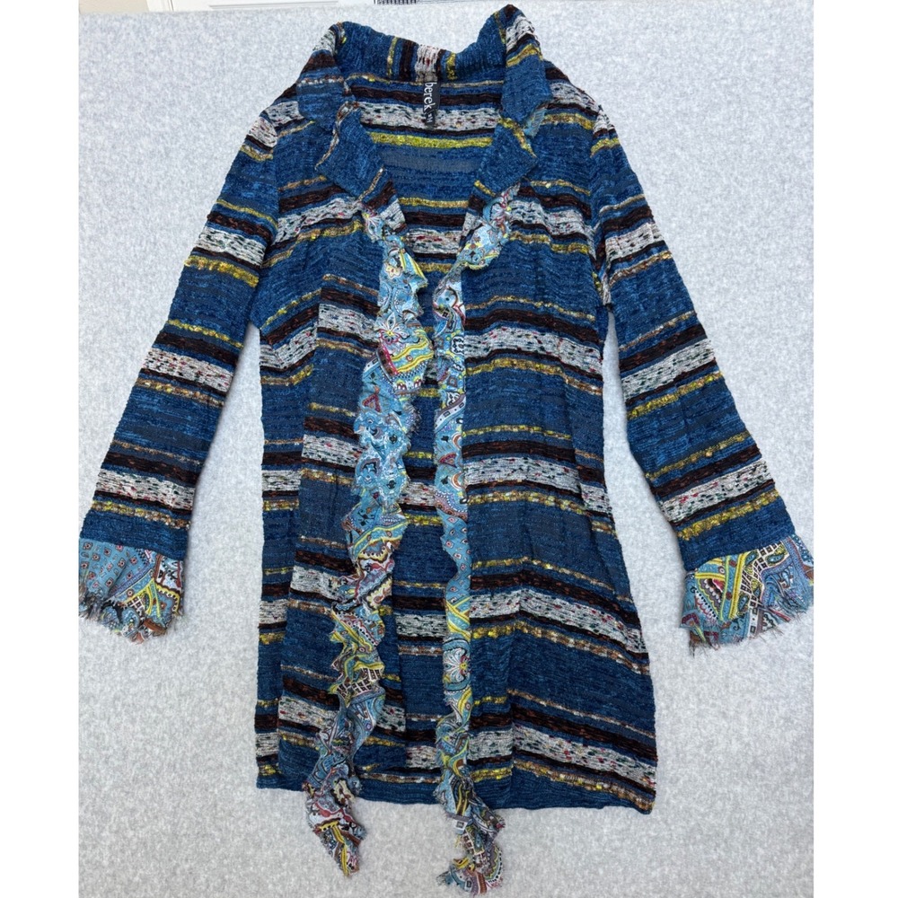 Berek Blue Multi Striped Ruffle Paisley Open Front Cardigan Jacket Womens Medium